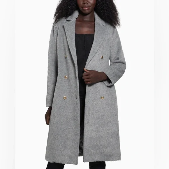 GUESS NWT Textured Wool Blend Double Breasted Coat Light Stone Heather Size S - Picture 4 of 16